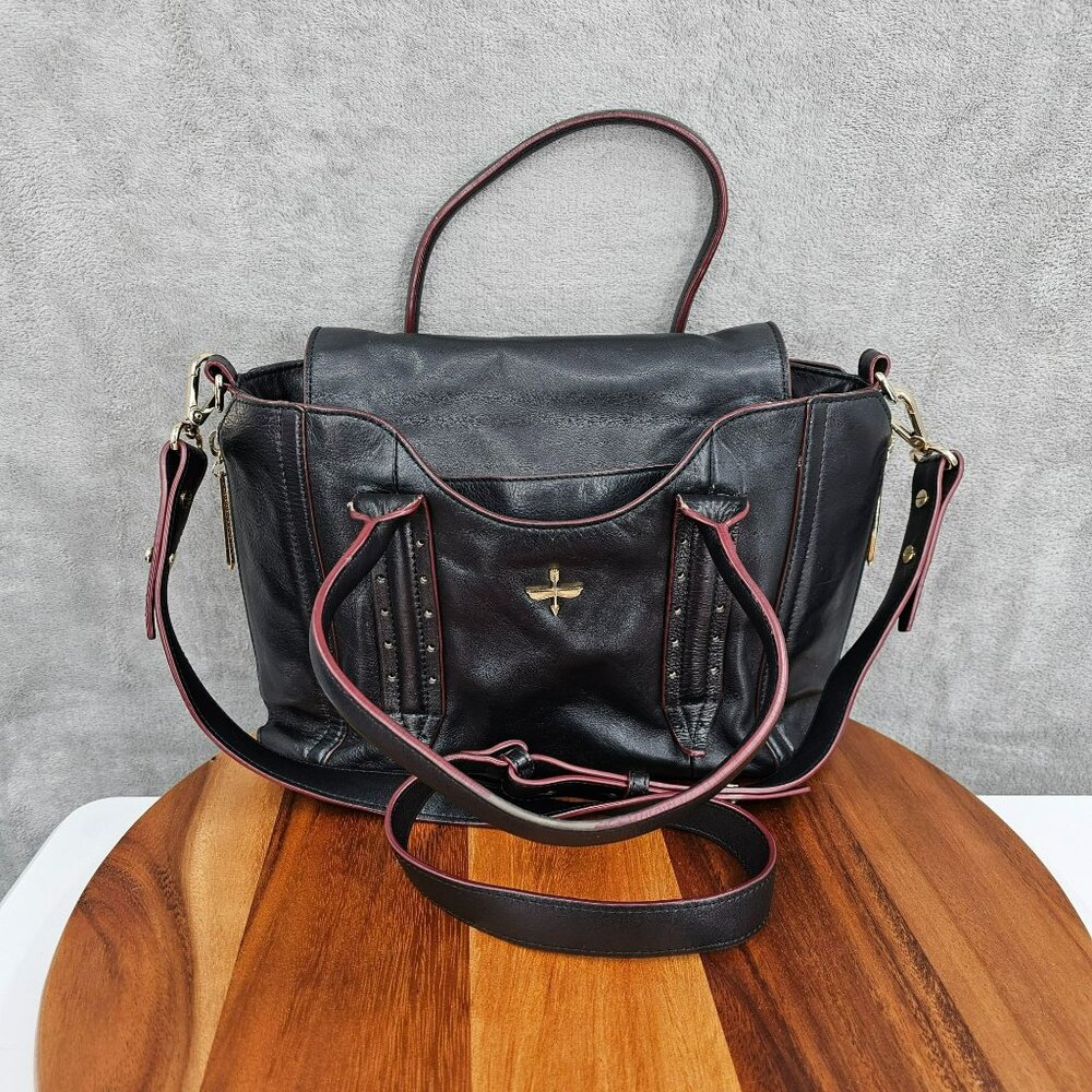 Pour La Victoire Crossbody Bag Black Leather Red Edging Blue Interior Handle Zip